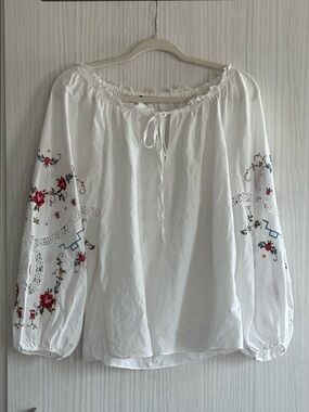 Kobi Halperin Embroidered Cotton Blouse White Boho Peasant Top Lace Trim Size M